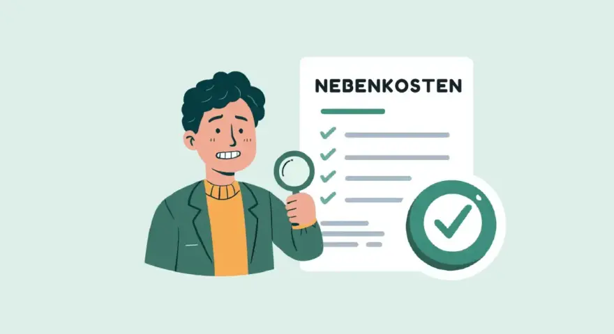 Mann prüft mit Lupe eine Liste mit "Nebenkosten". Beispiele für Betriebskosten werden hier offenbar detailliert.