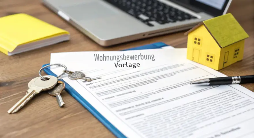 Schlüssel und ein gelbes Hausmodell liegen auf einem Wohnungsbewerbung-Formular. Perfekt für die erste eigene Wohnung als Single.