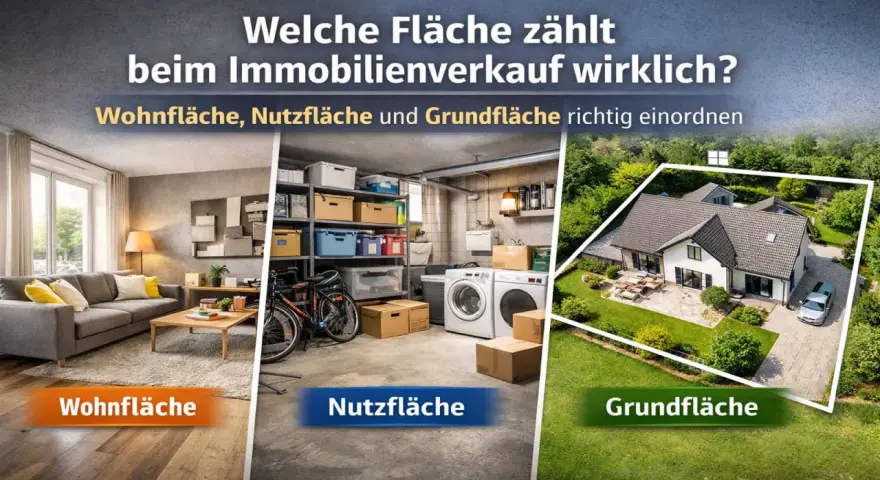 Wohnfläche, Nutzfläche und Grundfläche: Was ist ein Penthouse? Die Grafik erklärt die Flächenarten beim Immobilienverkauf.