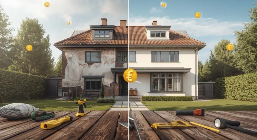 Vorher-Nachher-Vergleich: Ein altes Haus wird renoviert. Werkzeuge und Euro-Münzen symbolisieren die Kosten und den Wertzuwachs.
