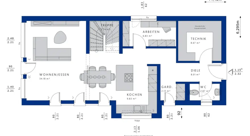 Grundriss Haus erstellen: Wohnen/Essen, Kochen, Arbeiten, Diele, WC, Garderobe, Technik, Treppe.