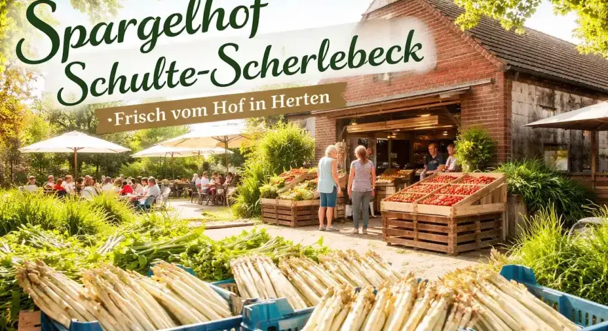 Frischer Spargel und Tomaten auf dem Spargelhof Schulte-Scherlebeck. Gäste genießen die Sonne unter Sonnenschirmen.