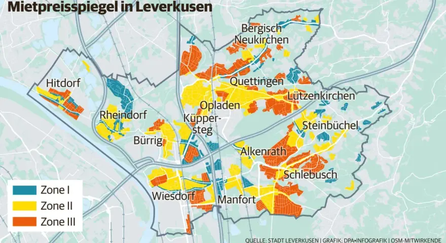 Mietpreisspiegel Leverkusen: Karte zeigt Zonen I (blau), II (gelb) und III (orange) für verschiedene Stadtteile wie Hitdorf, Opladen und Schlebusch.
