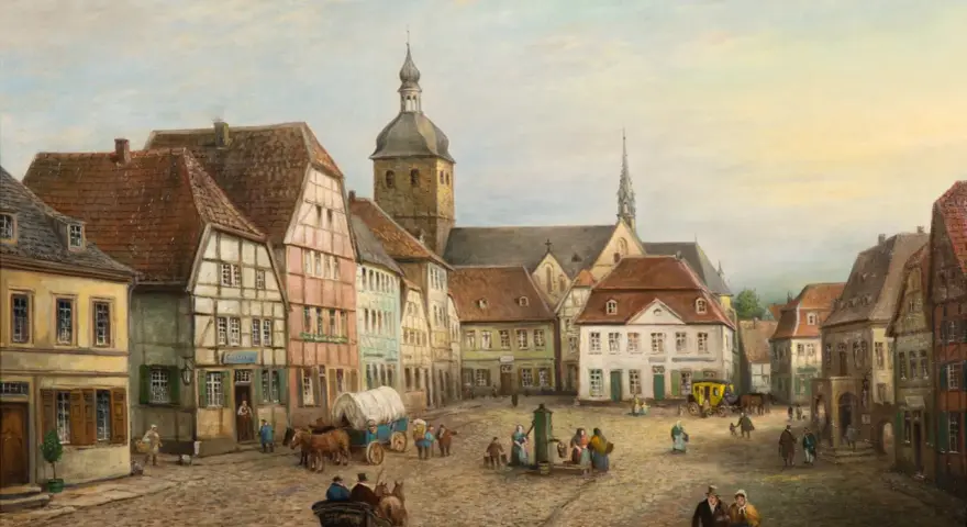 Gemälde eines belebten Marktplatzes in Recklinghausen mit Fachwerkhäusern, Kutschen und Menschen.