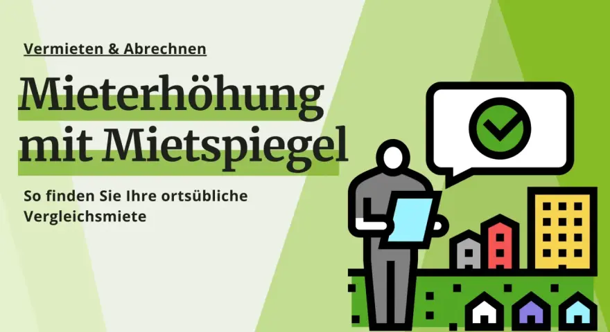 Mietanpassung mit Mietspiegel: So finden Sie die ortsübliche Vergleichsmiete in Altena. Illustration zeigt eine Person mit Dokumenten vor einer Stadtsilhouette.