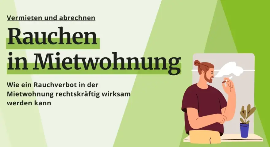 Ein Mann raucht am Fenster. Die Grafik thematisiert, ob man in einer Mietwohnung rauchen darf und wie ein Rauchverbot wirksam wird.