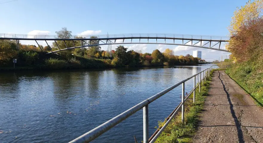 Ein Radweg am Rhein-Herne-Kanal führt unter einer modernen Brücke hindurch. Herbstlaub schmückt die Ufer.