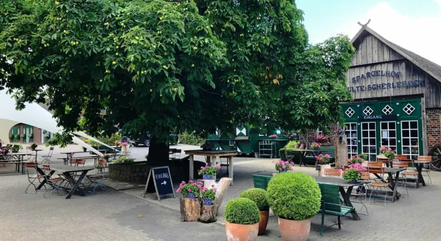 Einladende Sitzgelegenheiten unter einem großen Baum im naturerlebnisgarten Herten. Der Spargelhof mit grünen Türen und der Aufschrift "Eingang" ist im Hintergrund zu sehen.