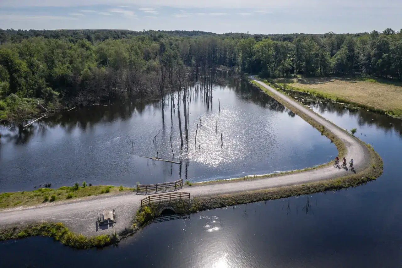 Radfahrer genie&szlig;en die Aussicht am Pfingstsee Bottrop, umgeben von B&auml;umen und Wasser.
