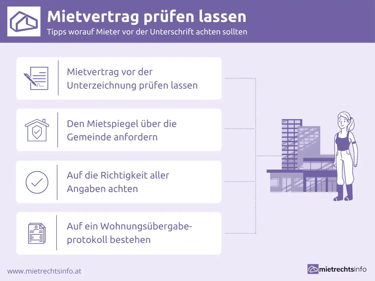 Tipps zum Mietvertrag prüfen lassen: Vor dem Mietvertrag unterschreiben, den Mietspiegel anfordern, Angaben prüfen und auf Übergabeprotokoll bestehen.