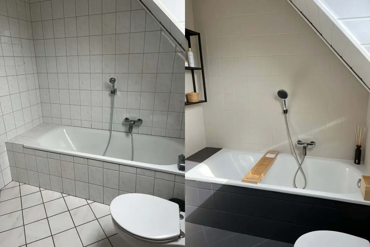 Vorher/Nachher: Badezimmerfliesen in Mietwohnung gestrichen. Wei&szlig;e Fliesen wurden in ein modernes Grau verwandelt.