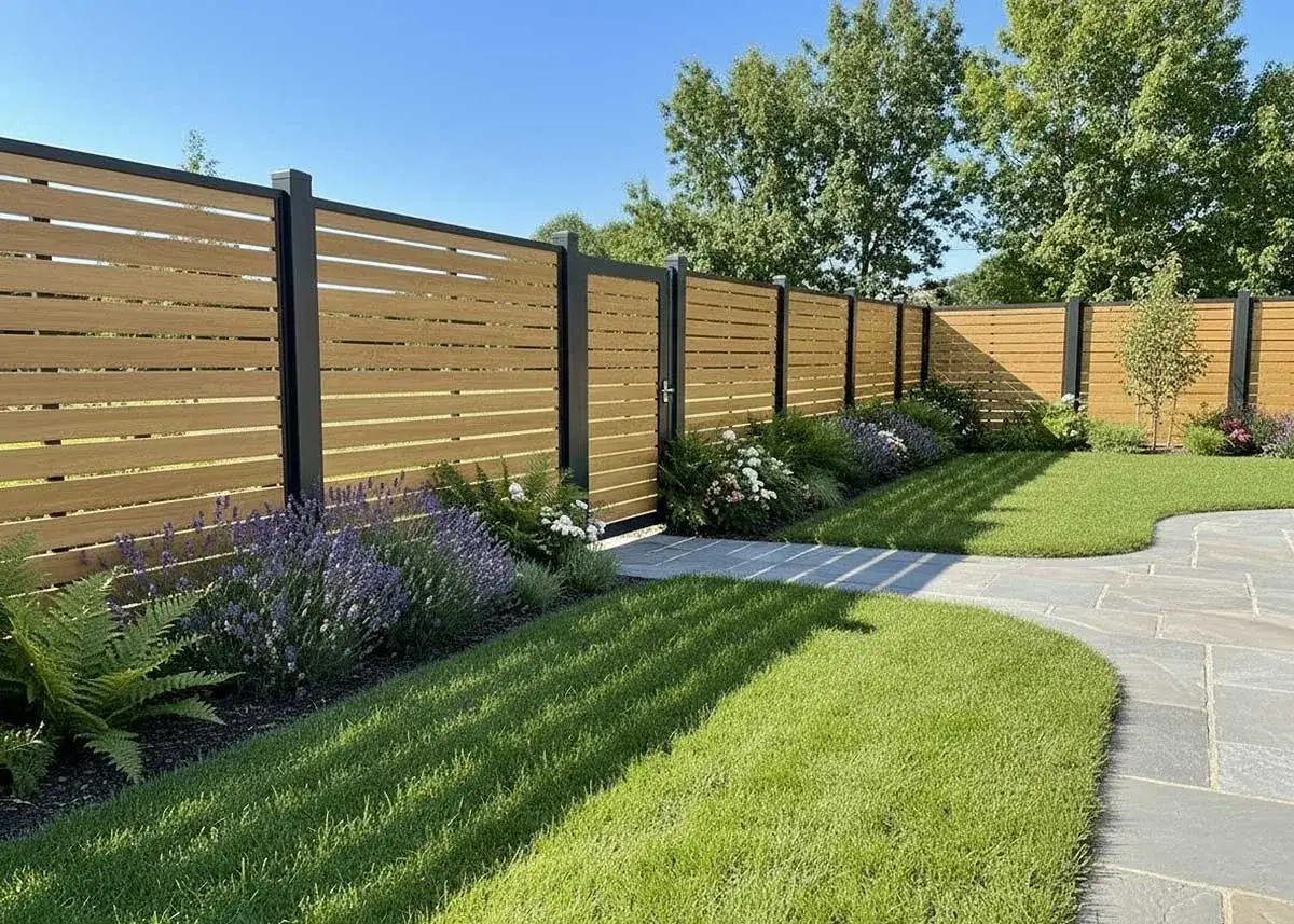 Moderne Holzlamellen-Zäune bieten tolle sichtschutz garten ideen. Mit Lavendel und Farn davor ein Blickfang.