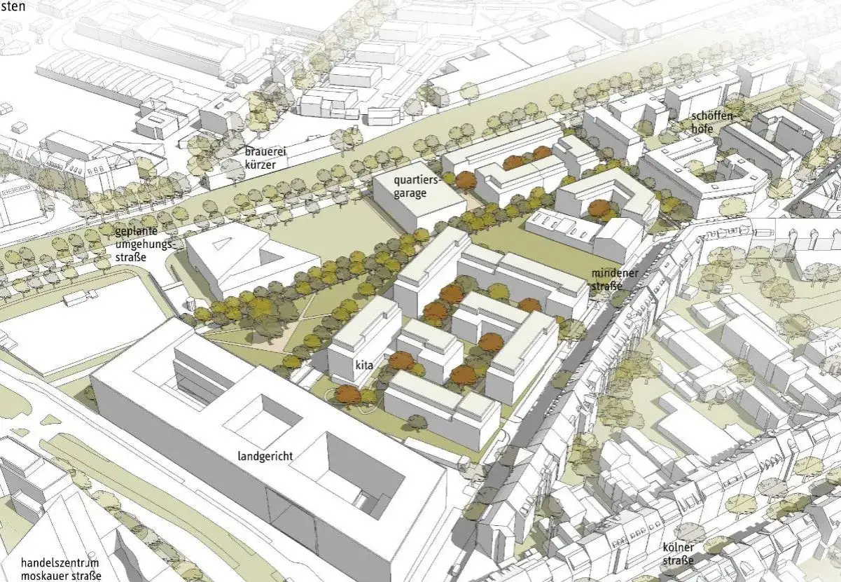Architektonische Visualisierung eines neuen Wohnviertels mit Kita, Garage und Wohngeb&auml;uden. Die Darstellung zeigt die zuk&uuml;nftige Bebauung und Stra&szlig;enf&uuml;hrung, die die Immobilienpreise in Oberbilk beeinflussen k&ouml;nnte.
