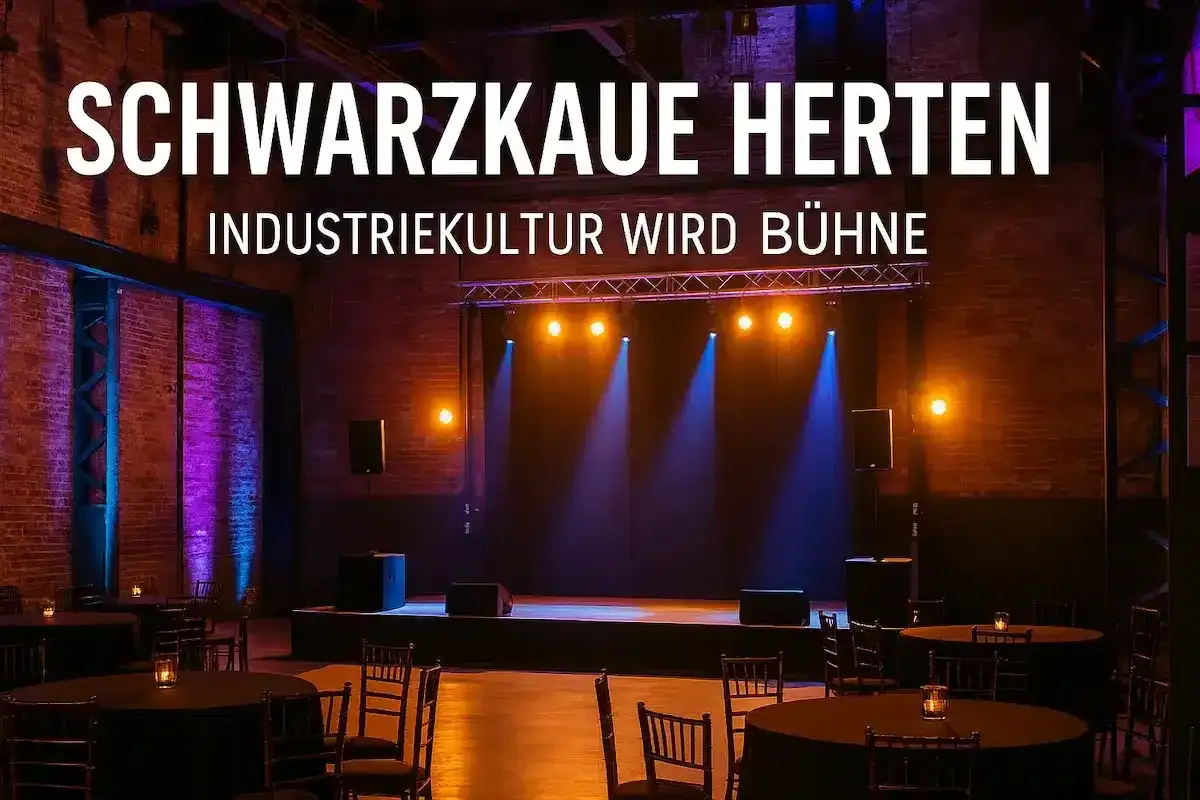 Bühne in der Schwarzkaue Herten, wo Industriekultur zur Bühne wird. Gemütliche Tische mit Kerzenlicht laden zum Verweilen ein.