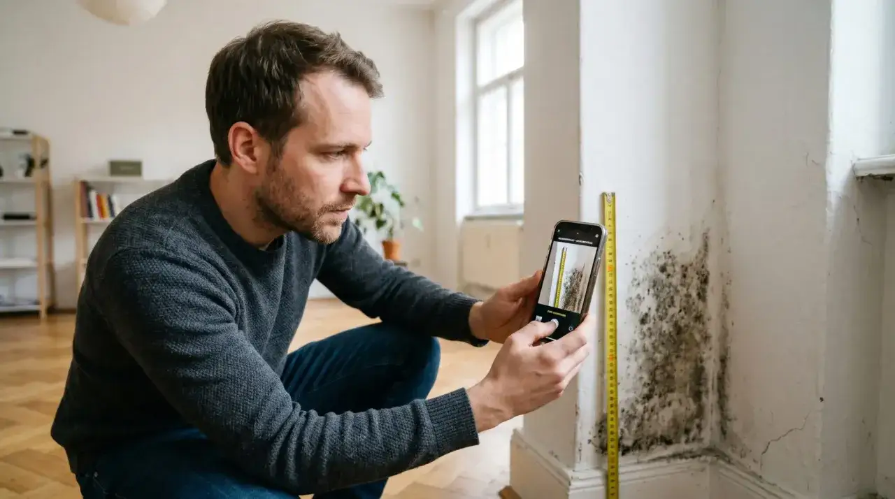 Mann dokumentiert mit Smartphone und Maßband Schimmelbefall an der Wand. Ein Fall für die Mietminderung.