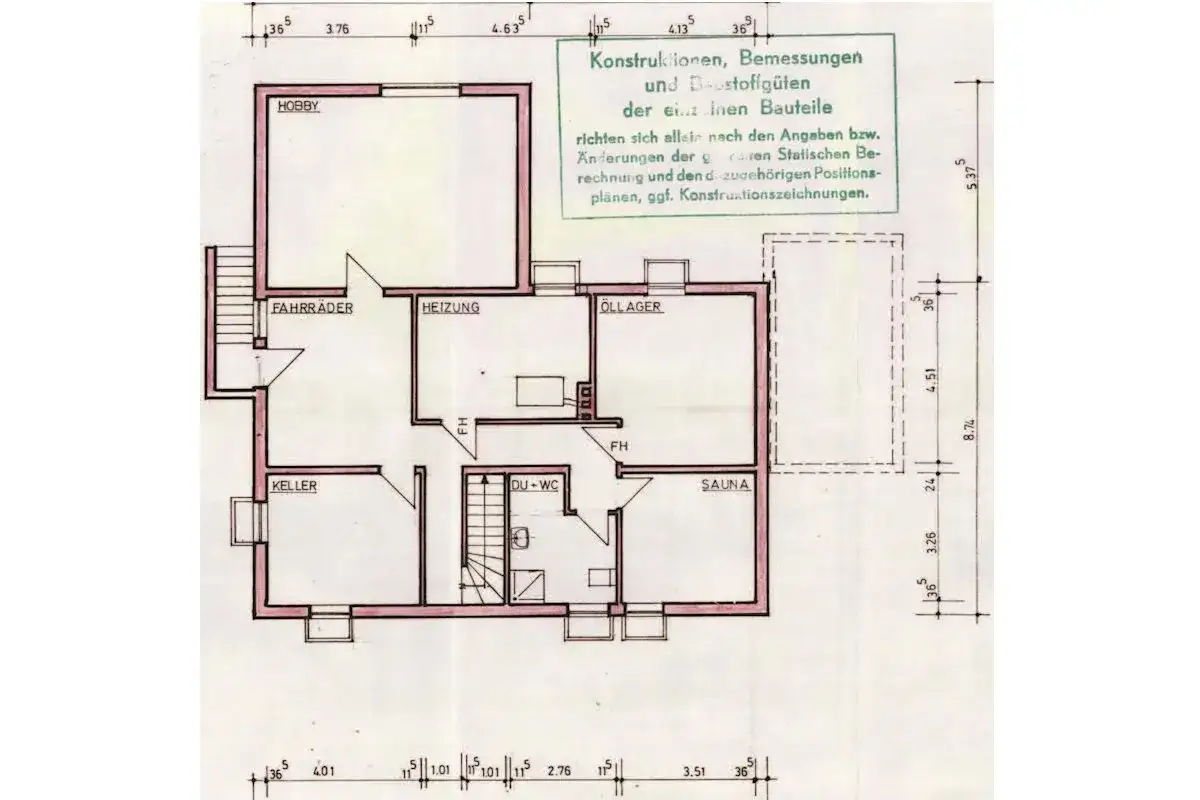Grundriss mit Hobbyraum, Heizung, &Ouml;llager, Keller, Sauna und Dusche/WC. Ideal, um Ihr Haus kostenlos inserieren.