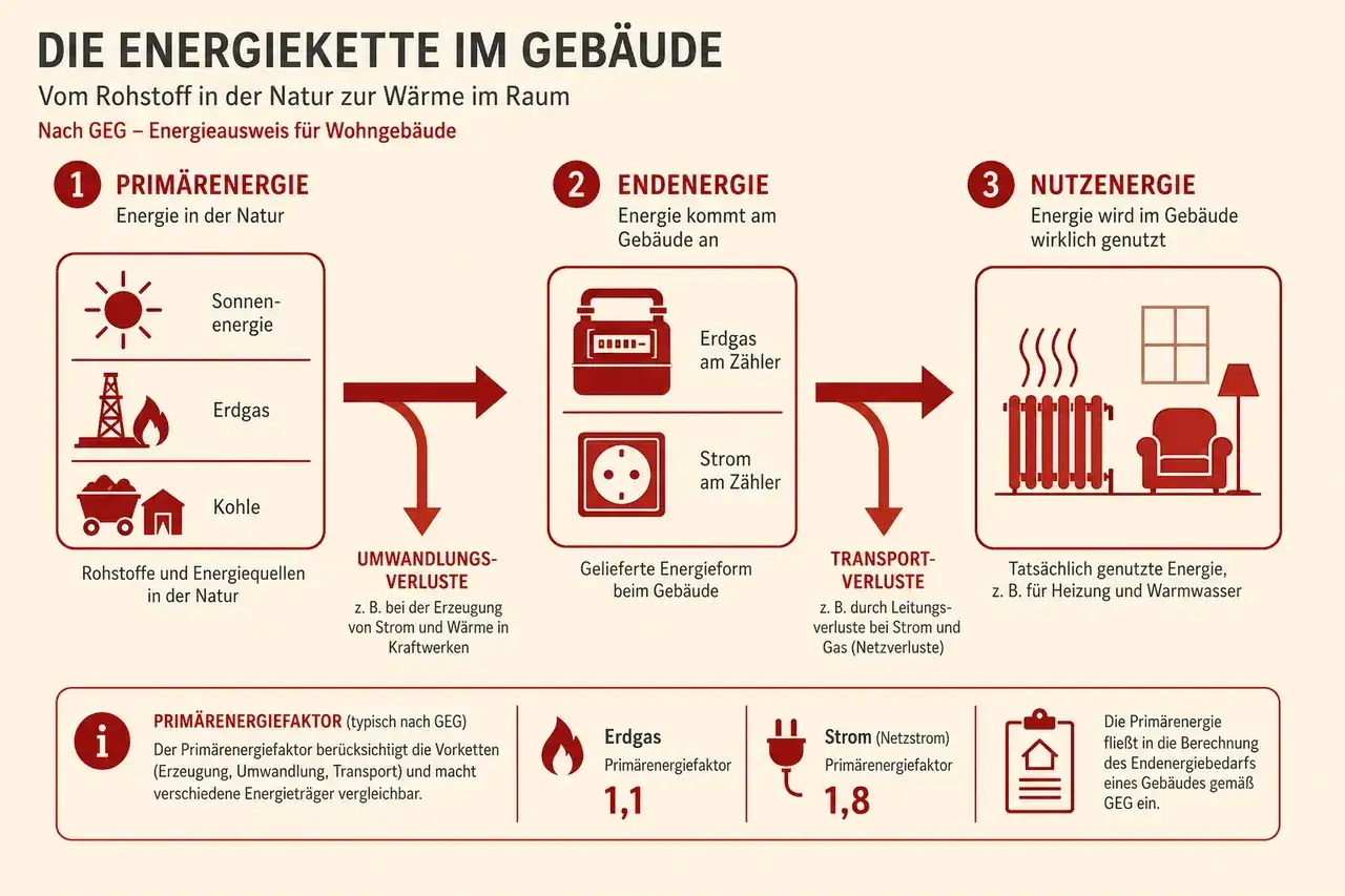 Die Energieeffizienzkette zeigt, was der Energieausweis aussagt: Von Prim&auml;renergie &uuml;ber Endenergie zu Nutzenergie, inklusive Verluste.