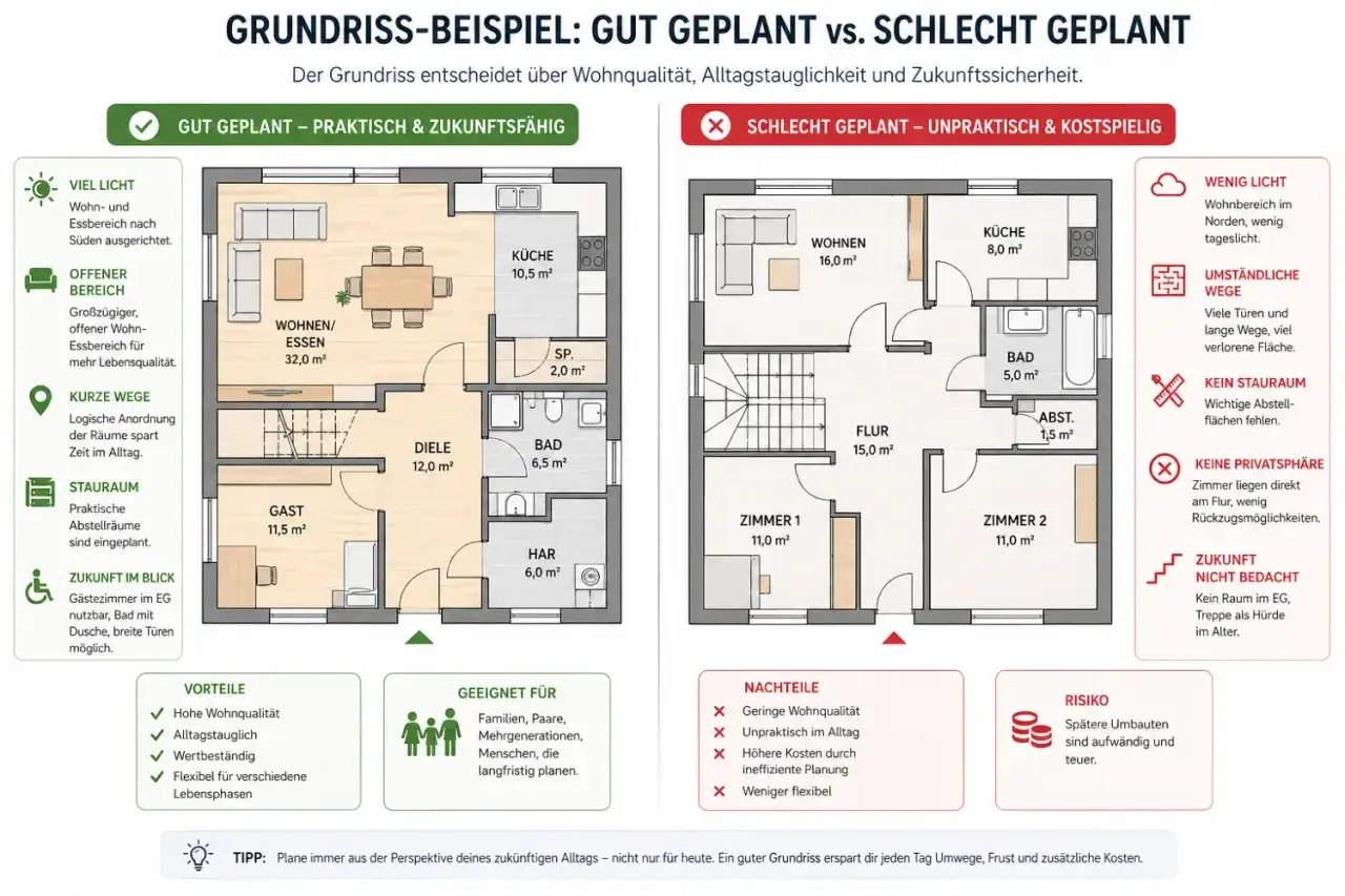 Gegen&uuml;berstellung zweier Grundrisse: links gut geplant, rechts schlecht geplant. Ein guter Grundriss ist essenziell, um den Alltag zu planen.