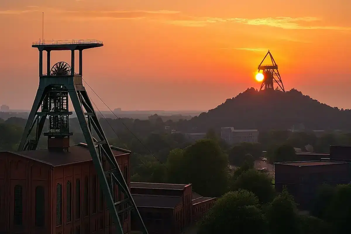 Sonnenuntergang &uuml;ber der Zeche Ewald. Ein F&ouml;rderturm ragt vor dem gl&uuml;henden Himmel auf, w&auml;hrend die Sonne hinter einem anderen Turm auf einem H&uuml;gel versinkt.