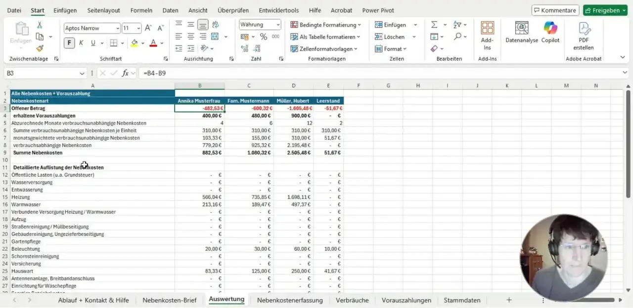 Excel-Tabelle zeigt Nebenkostenabrechnung. So k&ouml;nnen Sie Ihre Nebenkostenabrechnung selber machen und die Kosten &uuml;bersichtlich erfassen.
