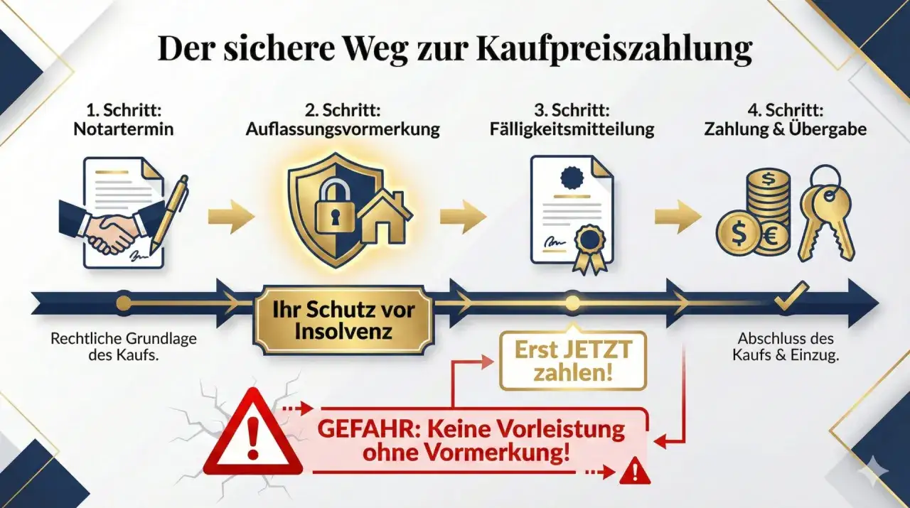 Der sichere Weg zur Kaufpreiszahlung: Notartermin, Auflassungsvormerkung, Fälligkeitsmitteilung, Zahlung & Übergabe. Kein Notaranderkonto abgeschafft, sondern Schutz vor Insolvenz.