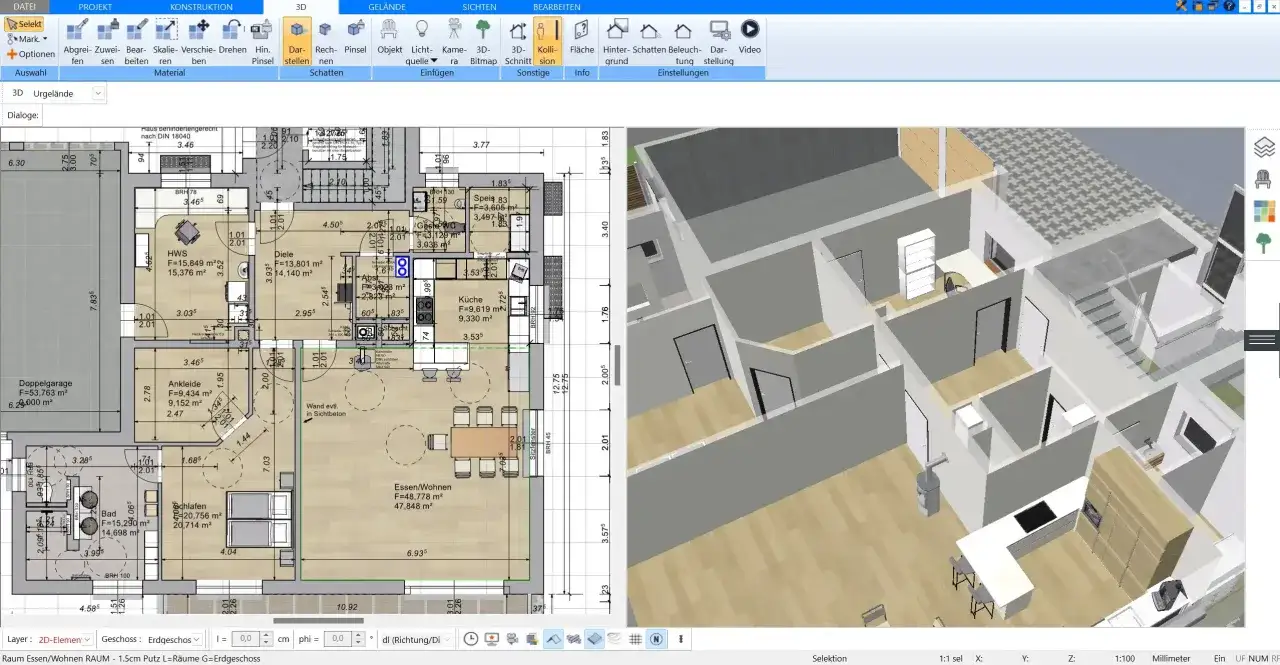 Grundriss eines Hauses mit Wohn-, Essbereich, Küche, Schlafzimmern, Bad und Doppelgarage. Die 3D-Ansicht zeigt die Innenräume. Ideal, um den Grundriss planen.