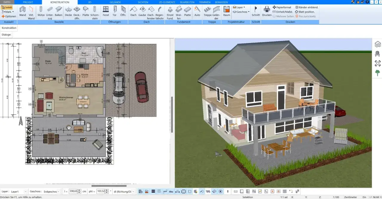 Grundriss Haus erstellen: 2D-Plan und 3D-Modell eines modernen Hauses mit Terrasse, Garten und Autos.