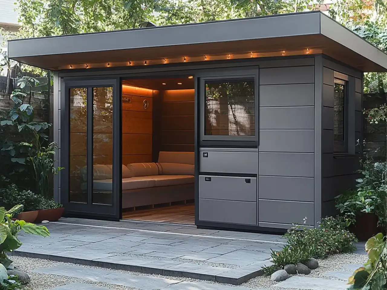 Modernes tiny house im garten der eltern, mit gemütlicher Couch und warmem Licht. Ein Rückzugsort im Grünen.