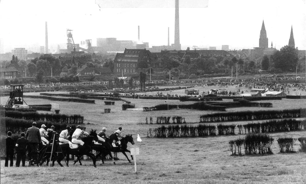 Jockey auf Pferden beim Castroper Pferderennen, mit Industrieanlagen im Hintergrund.