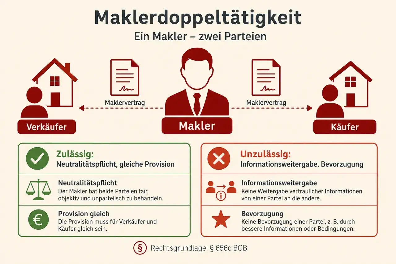 Darf ein Makler Fotos von meiner Wohnung machen? Die Grafik zeigt, was bei Maklerdoppelt&auml;tigkeit zul&auml;ssig (Neutralit&auml;t, gleiche Provision) und unzul&auml;ssig (Informationsweitergabe, Bevorzugung) ist.