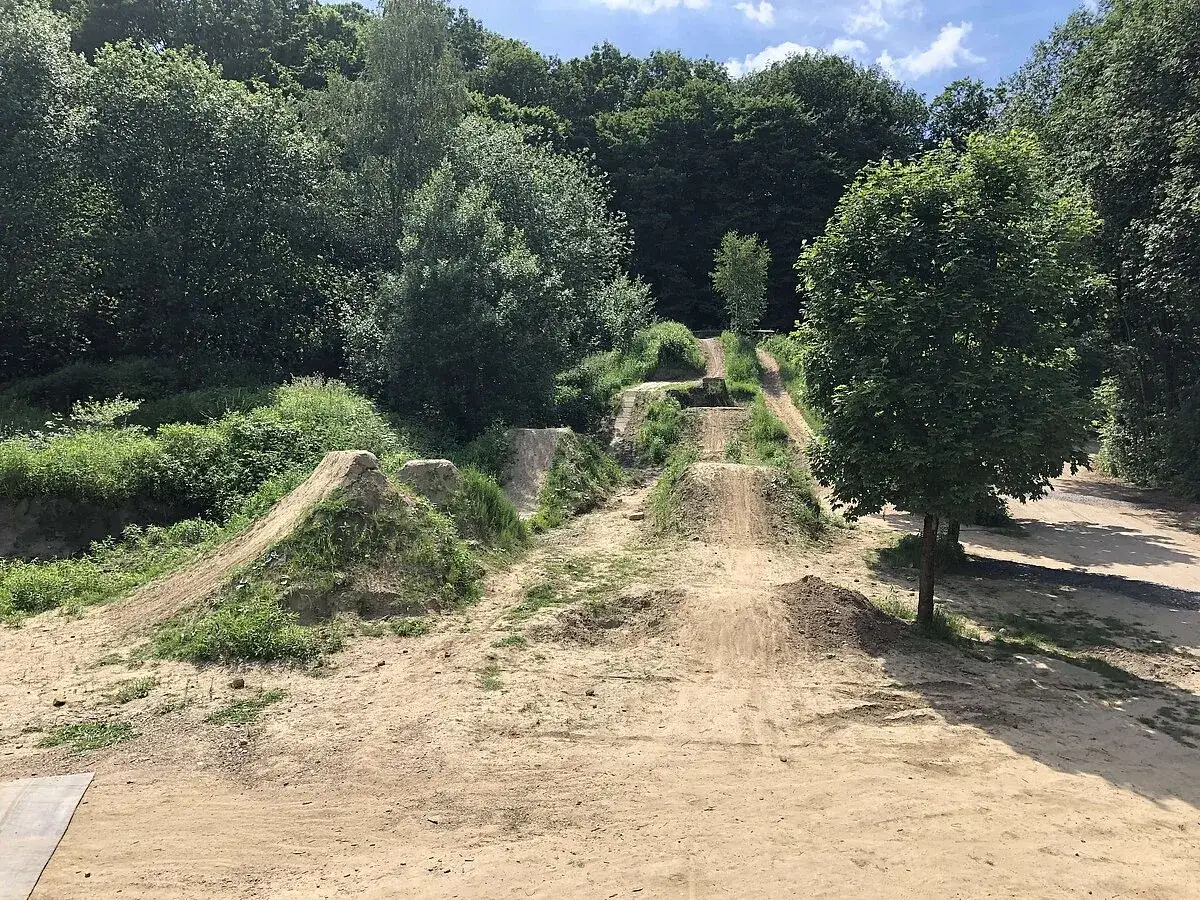 Ein sonniger Tag im Bikepark Haltern. Spr&uuml;nge und Anlieger warten auf wagemutige Fahrer im Wald.