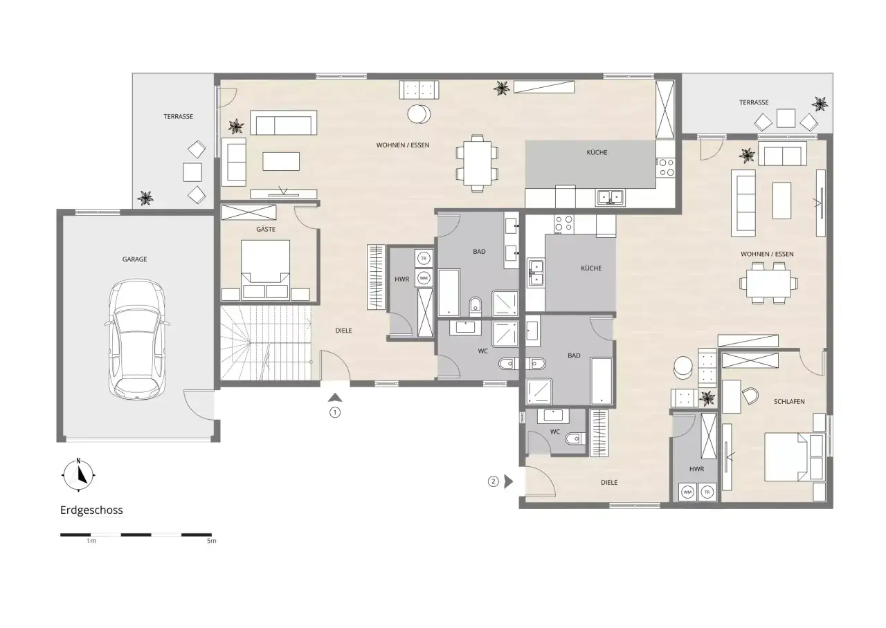 Grundriss Erdgeschoss mit Garage, Terrasse, Wohnen/Essen, K&uuml;che, G&auml;stezimmer, B&auml;dern und Schlafzimmer. Einliegerwohnung Vorteile: Flexibilit&auml;t. Nachteile: Platz.