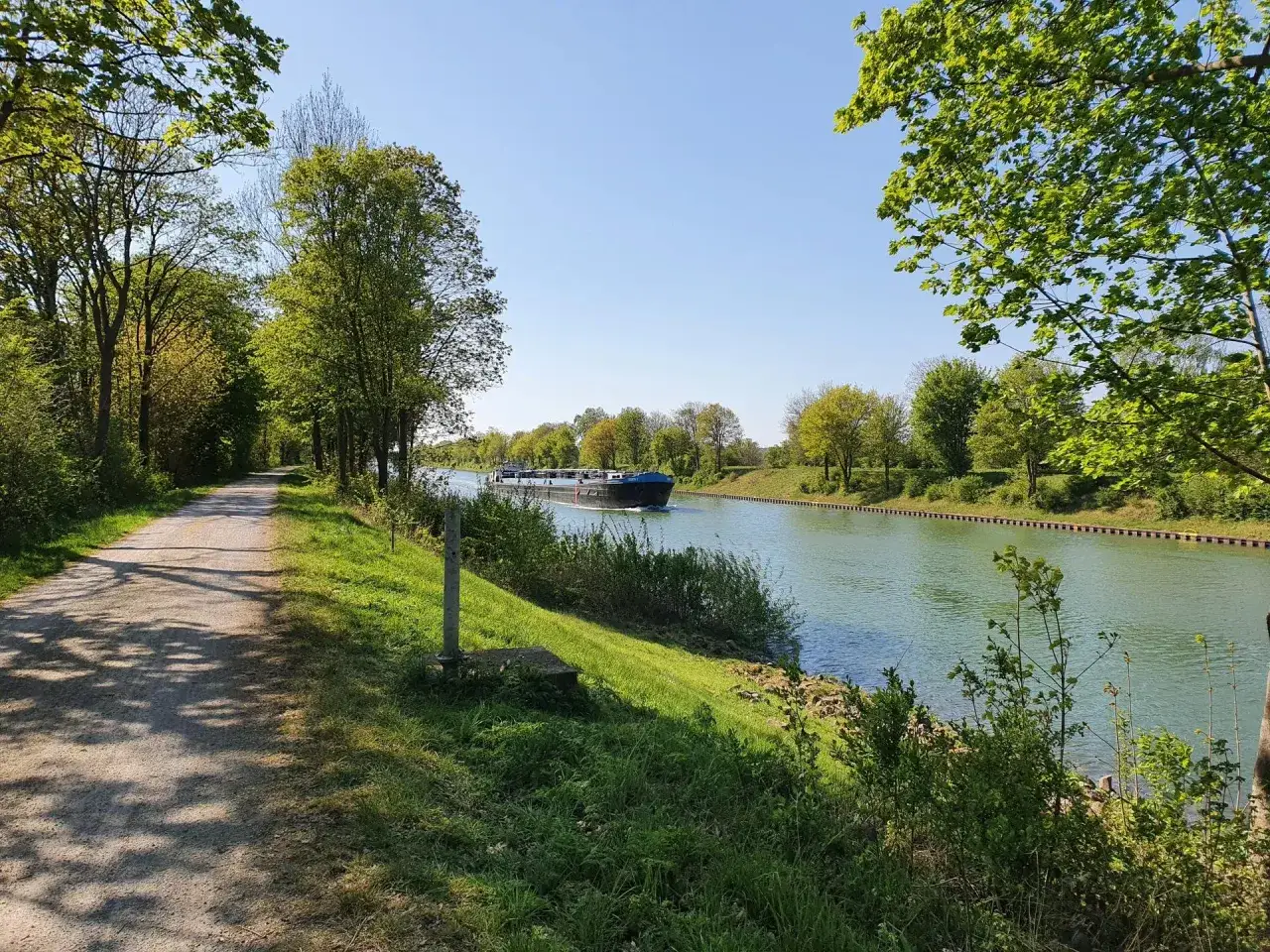 Ein Frachtschiff f&auml;hrt auf dem Wesel-Datteln-Kanal. Ein Radweg s&auml;umt das gr&uuml;ne Ufer unter B&auml;umen.
