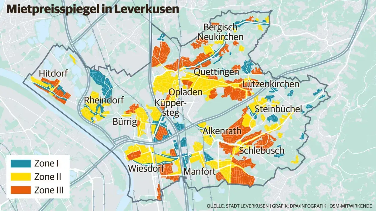 Karte zeigt Mietpreisspiegel in Leverkusen. Farbige Zonen (I, II, III) visualisieren die Immobilienpreise in verschiedenen Stadtteilen wie Hitdorf, Opladen und Schlebusch.