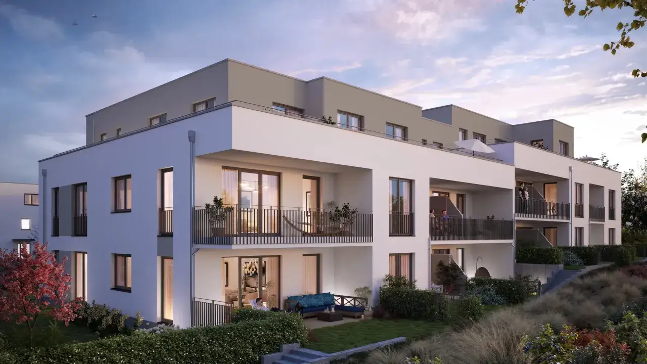 Moderne Wohnanlage mit Balkonen und Terrassen. Hier finden Sie Informationen zum Mietspiegel Alfter für Ihre Wohnungssuche.
