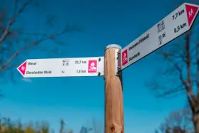 Wegweiser mit Zielen wie Wesel, Diersfordter Wald und Rheinufer (Wesel). Die hohe Mark steig ist gut sichtbar.