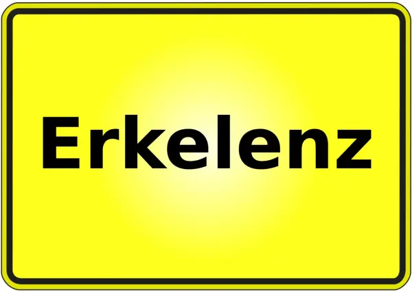 Gelbes Ortsschild mit schwarzer Schrift "Erkelenz". Hier finden Sie Informationen zum Mietspiegel Erkelenz.