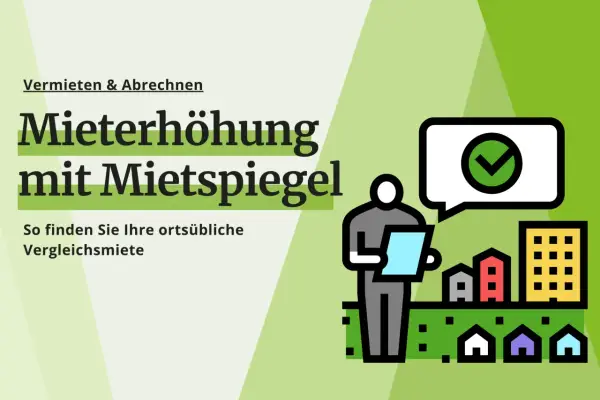 Mietanpassung mit Mietspiegel: So finden Sie die ortsübliche Vergleichsmiete in Altena. Illustration zeigt eine Person mit Dokumenten vor einer Stadtsilhouette.