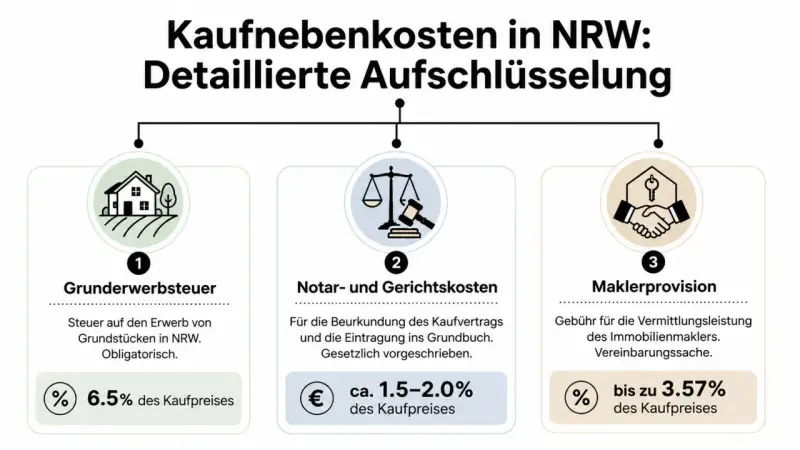 Übersicht der Kaufnebenkosten in NRW: Grunderwerbsteuer (6,5%), Notar-/Gerichtskosten (1,5-2%) und Maklerprovision (bis 3,57%).