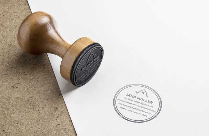 Holzstempel liegt auf Papier neben einem Stempelabdruck von Jens Müller, Sachverständiger für Immobilienbewertung. Infos zu Immobilienpreise Hamm.