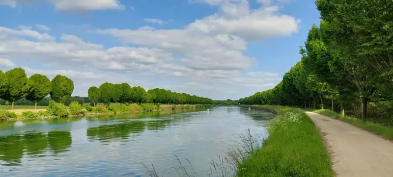 Ein ruhiger Tag am Dortmund-Ems-Kanal. Grüne Bäume säumen das Ufer, ein Weg lädt zum Spazieren ein.