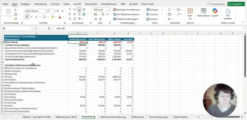 Excel-Tabelle mit Nebenkostenabrechnung Vorlage. Zeigt Kostenaufstellung für verschiedene Mieter.