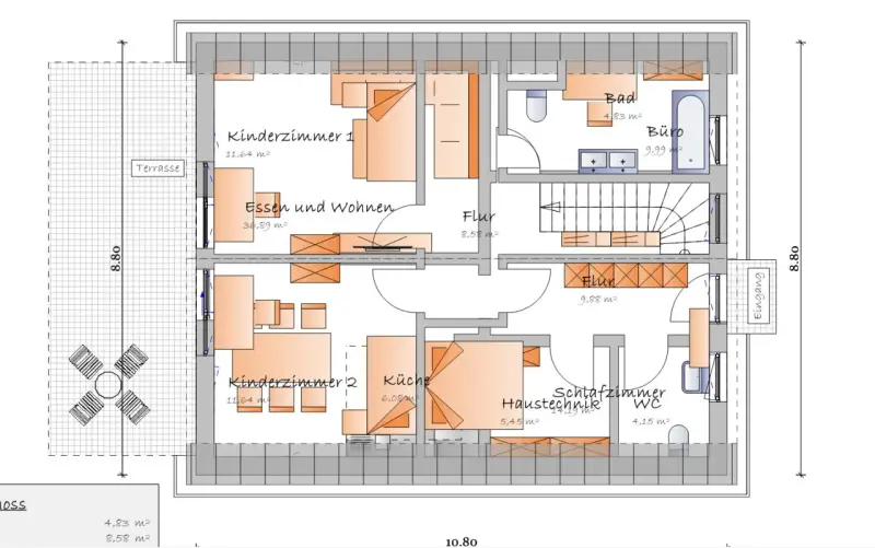 Grundriss planen: Haus mit zwei Kinderzimmern, Wohn-/Essbereich, Küche, Bad, Büro, WC, Flur und Terrasse.